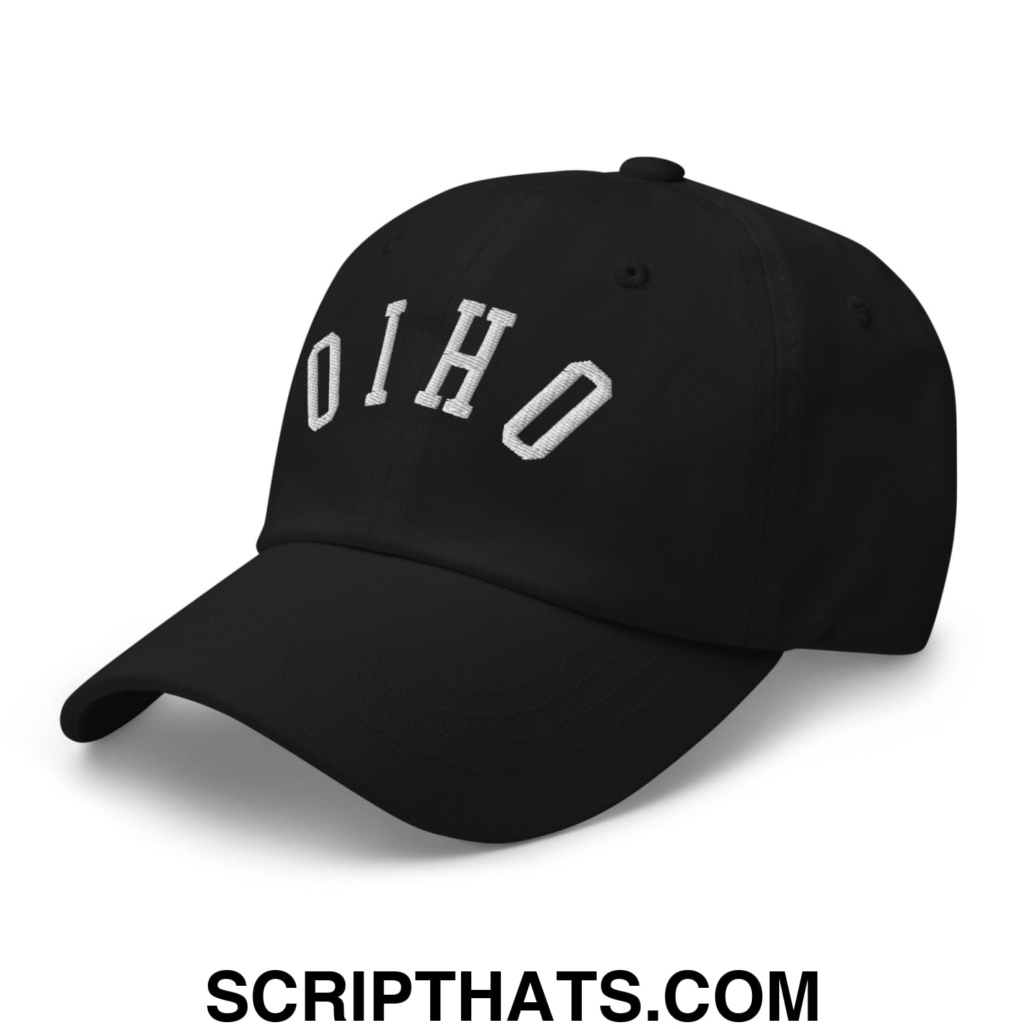Black upside down ohio embroidered unstructured dad hat with white arched lettering on front panel