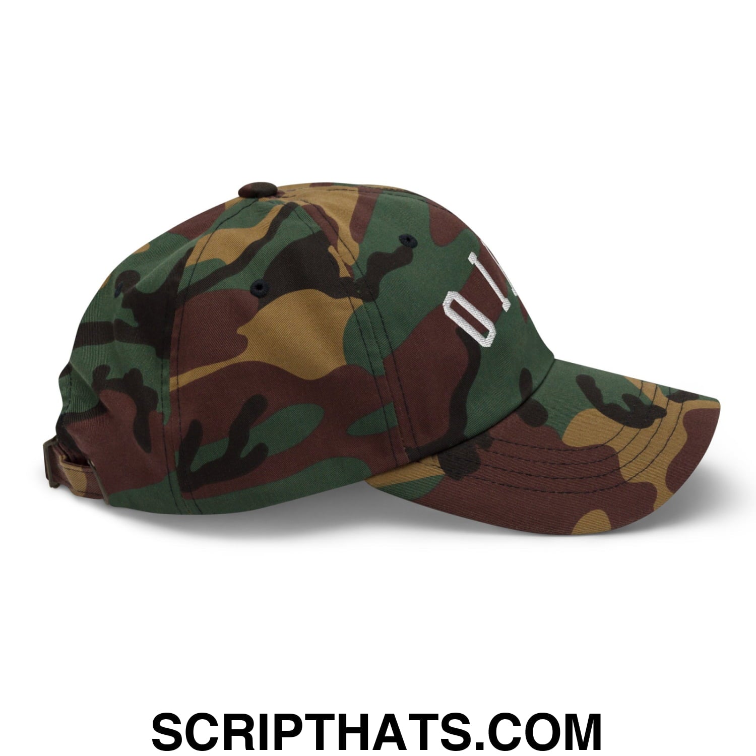 Upsidedown ohio embroidered unstructured dad hat in camouflage with white 01 embroidery on front panel