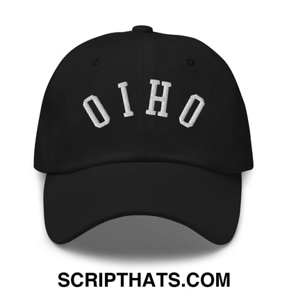 Black unstructured dad hat with white embroidered ohio lettering in a classic arched design