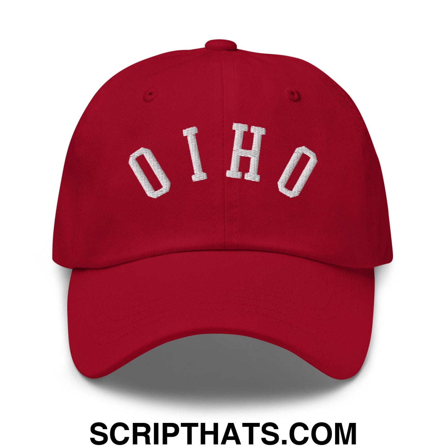 Red unstructured dad hat with white embroidered ohio lettering featuring an upside down design