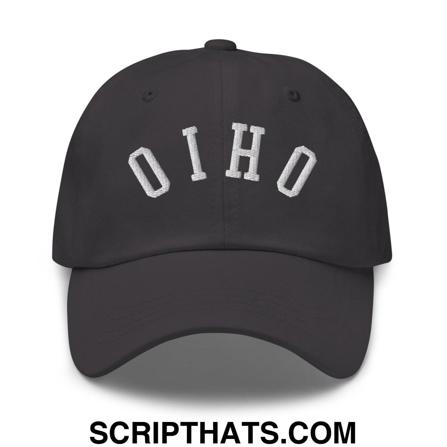 Black unstructured dad hat with white embroidered ohio lettering in classic arched design upside down style
