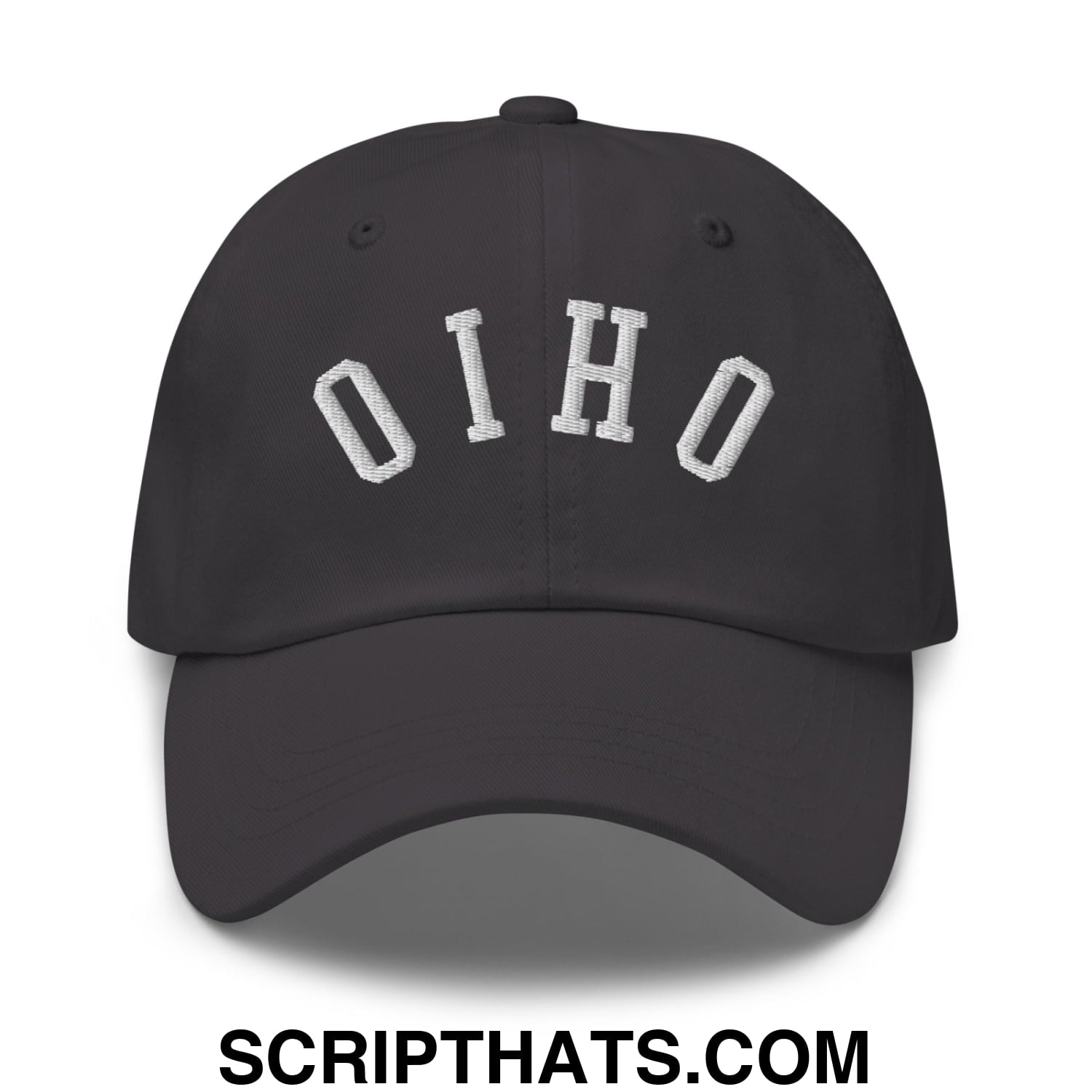 Black unstructured dad hat with white embroidered ohio lettering in classic arched design upside down style