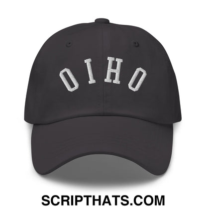 Black unstructured dad hat with white embroidered ohio lettering in classic arched design upside down style
