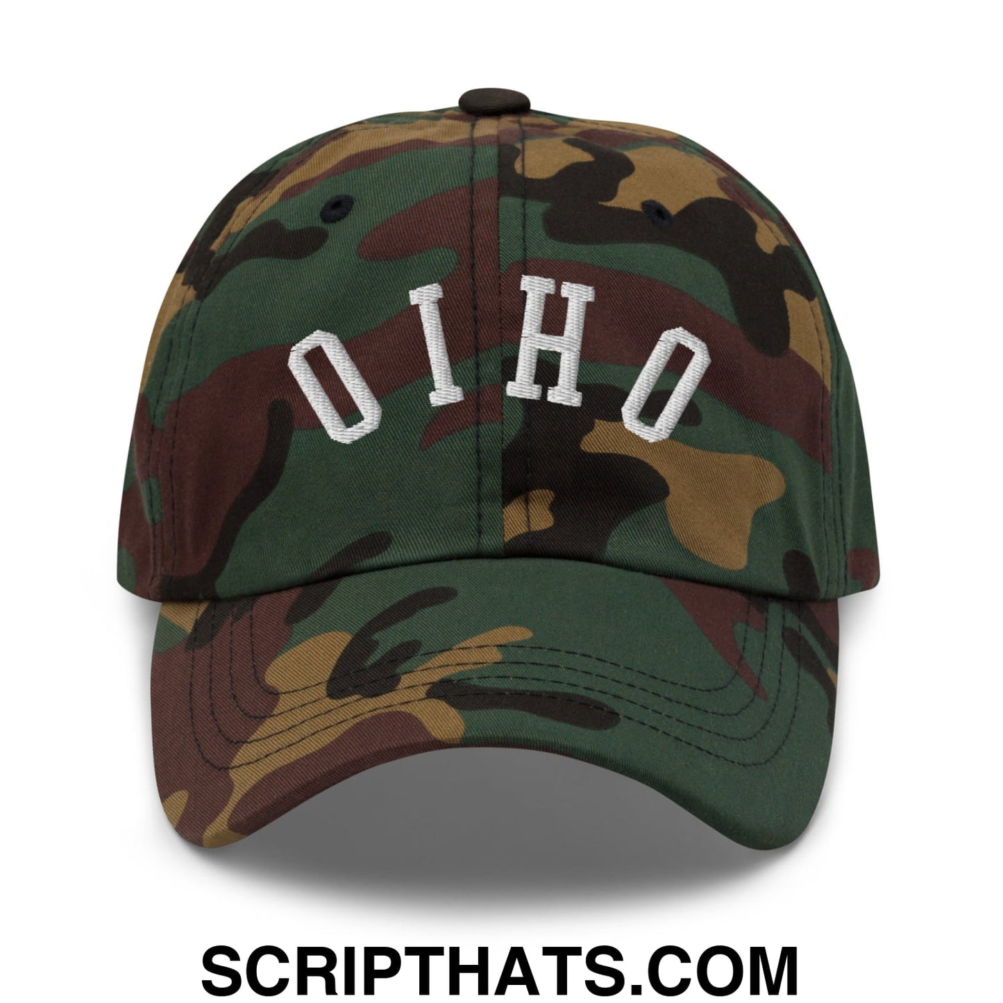 A camouflage unstructured dad hat with white oio embroidered in arched lettering across the front