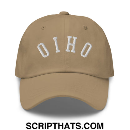 Tan unstructured dad hat with white embroidered ohio lettering in an arched design upside down ohio style