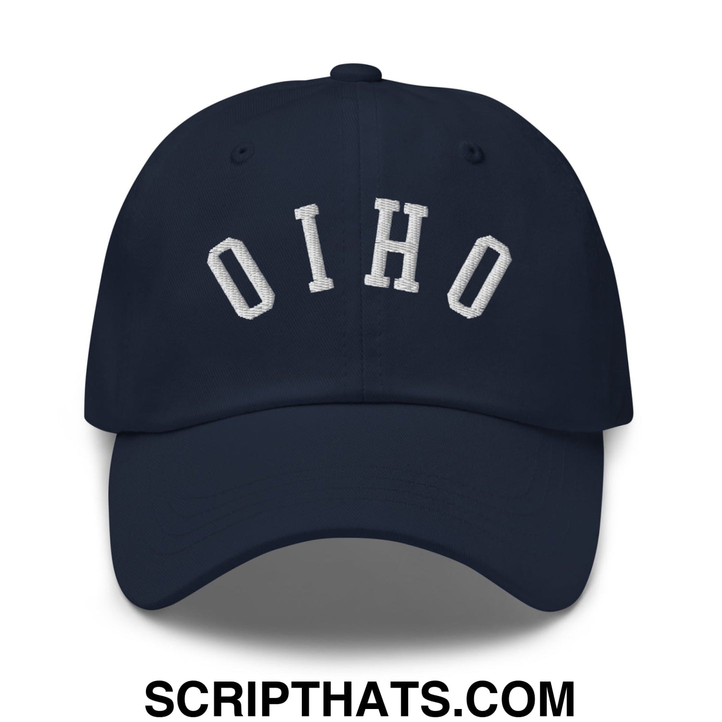Navy blue unstructured dad hat with white embroidered Ohio lettering in a classic arched design for casual wear