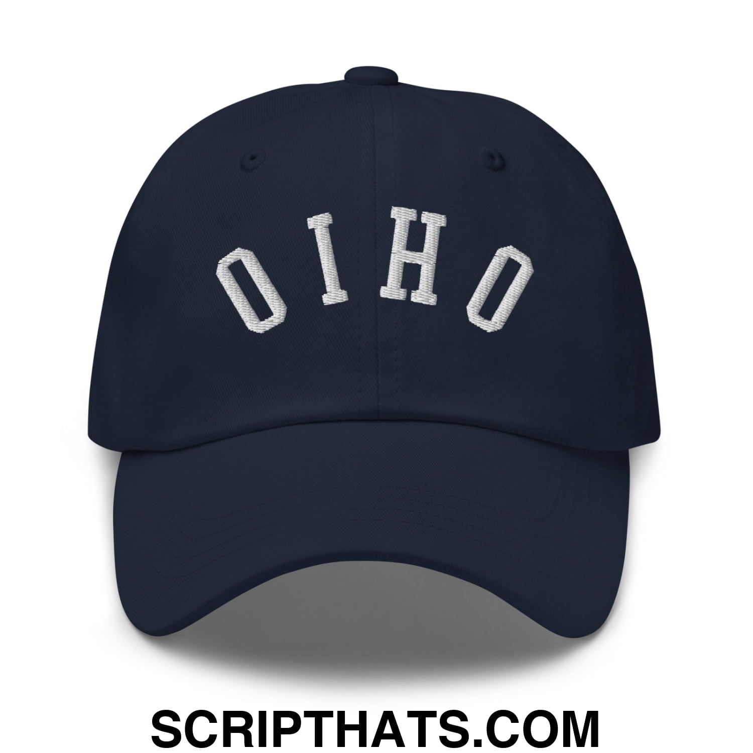 Navy blue unstructured dad hat with white embroidered Ohio lettering in a classic arched design for casual wear