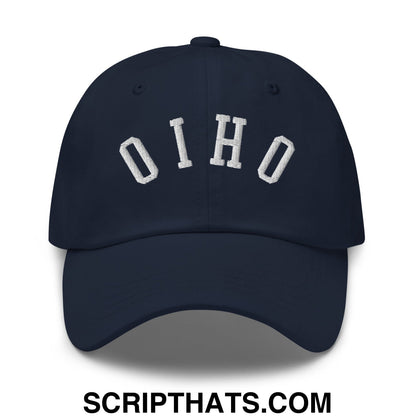 Navy blue unstructured dad hat with white embroidered Ohio lettering in a classic arched design for casual wear