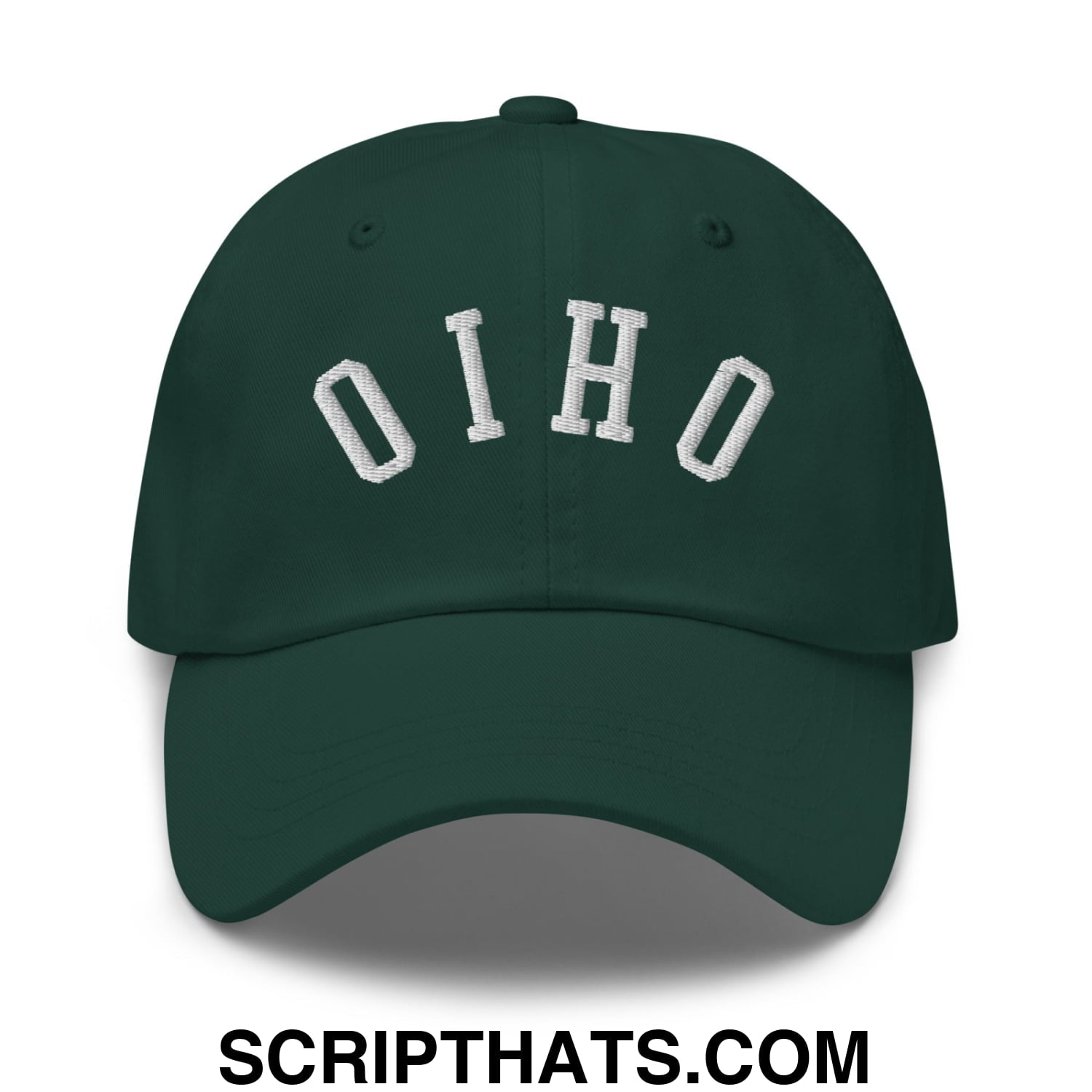Dark green unstructured dad hat with white embroidered ohio lettering in an arched design upsidedown ohio style