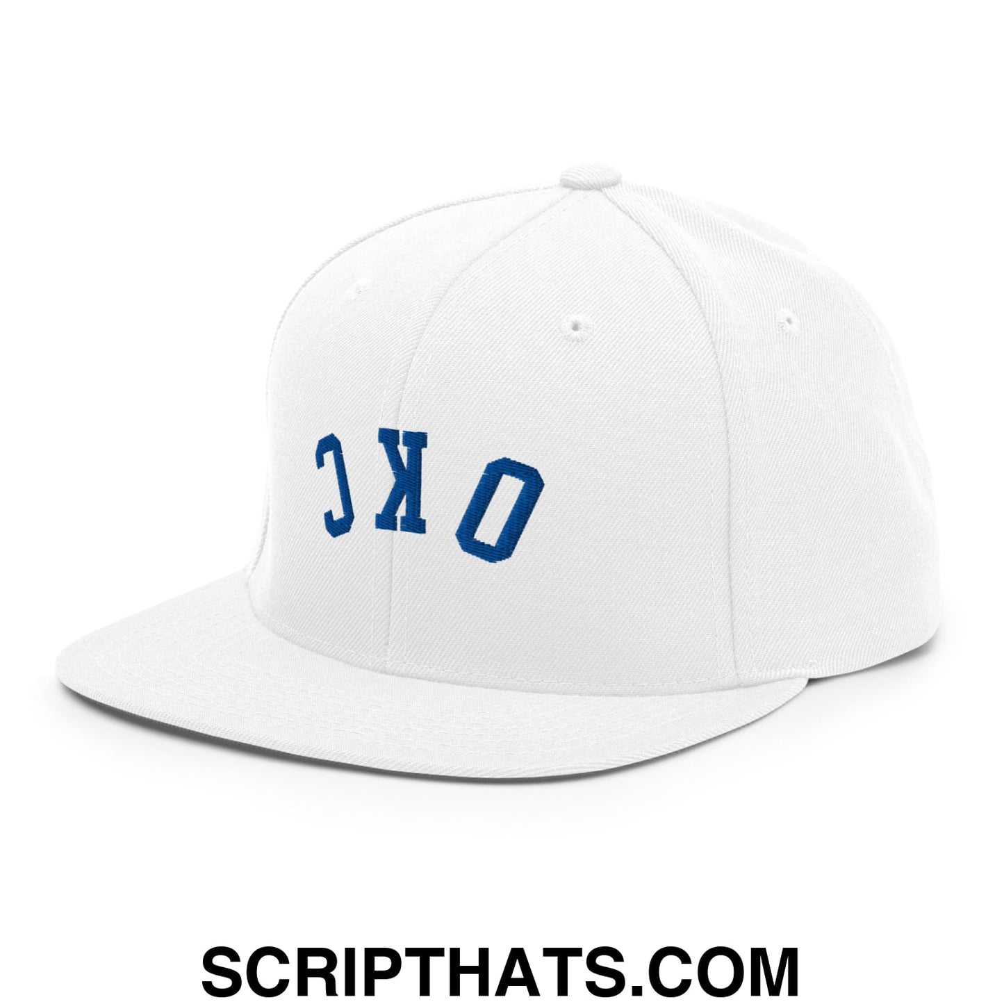 Upside Down OKC Oklahoma City Basketball Embroidered Flat Bill Brim Snapback Hat White