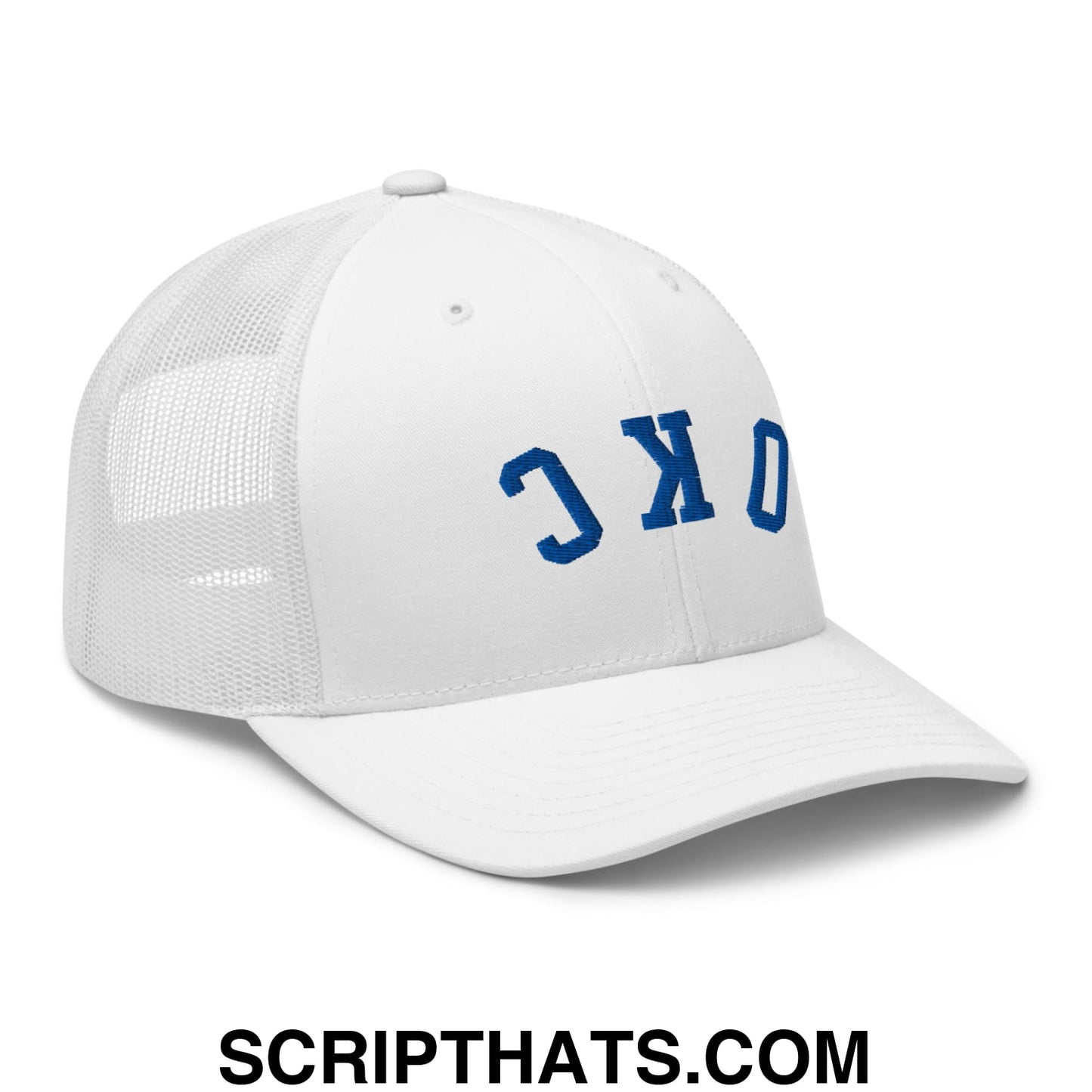 Upside Down OKC Oklahoma City Basketball Embroidered Mesh Trucker Hat White