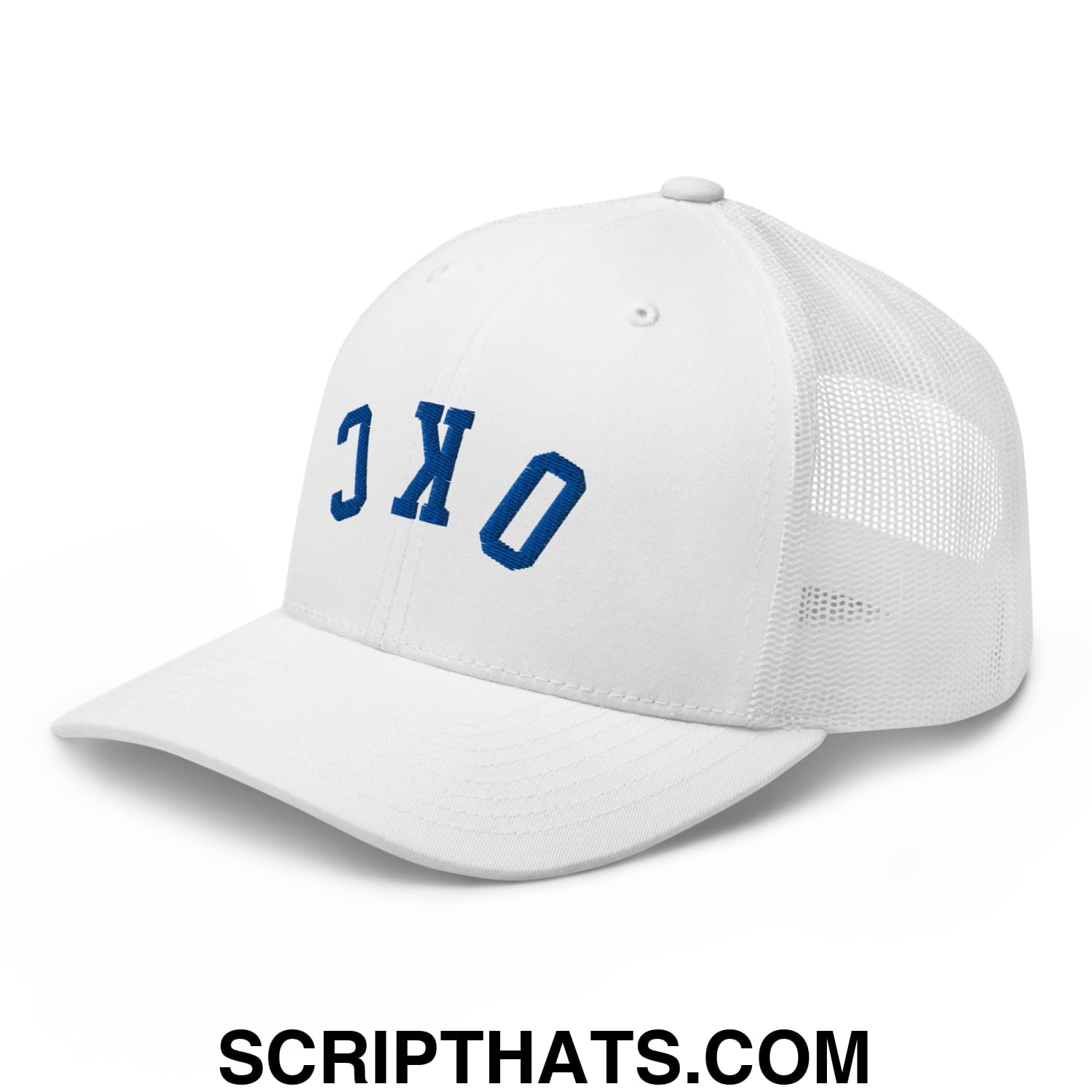 Upside Down OKC Oklahoma City Basketball Embroidered Mesh Trucker Hat White