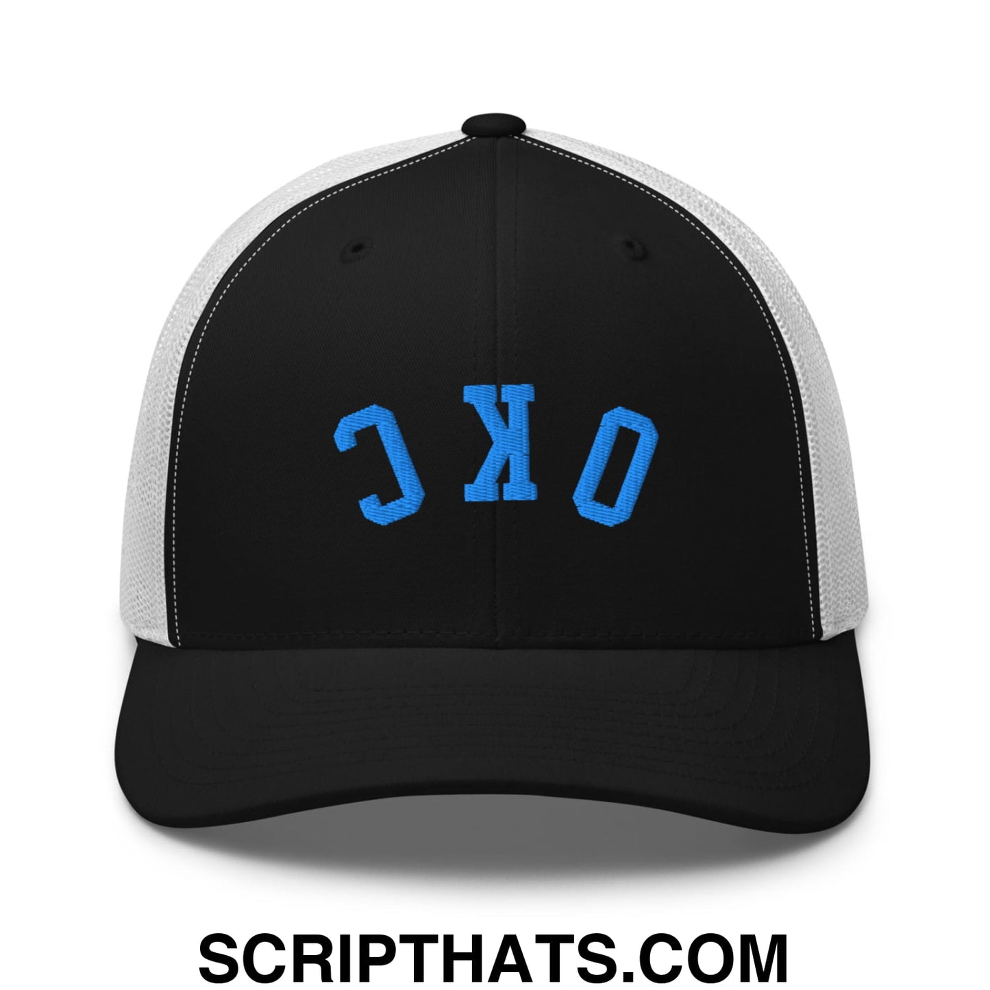 Upside Down OKC Oklahoma City Basketball Embroidered Mesh Trucker Hat Black White