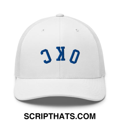 Upside Down OKC Oklahoma City Basketball Embroidered Mesh Trucker Hat White