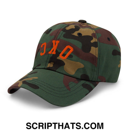 Upside Down OKC Oklahoma City Basketball Embroidered Unstructured Dad Hat Green Camo