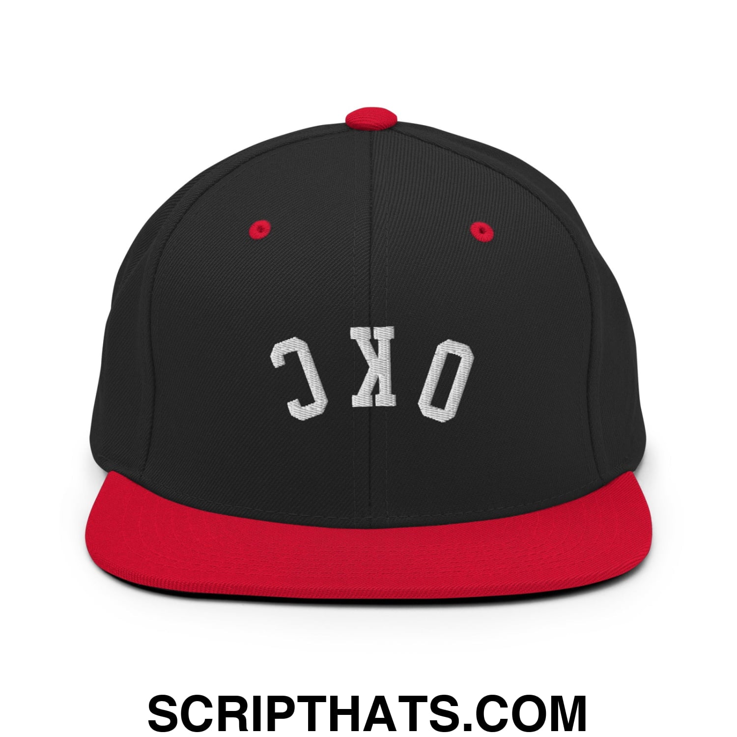 Upside Down OKC Oklahoma City Embroidered Flat Bill Brim Snapback Hat Black Red