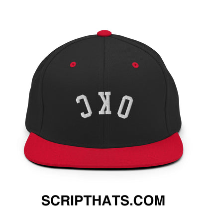 Upside Down OKC Oklahoma City Embroidered Flat Bill Brim Snapback Hat Black Red