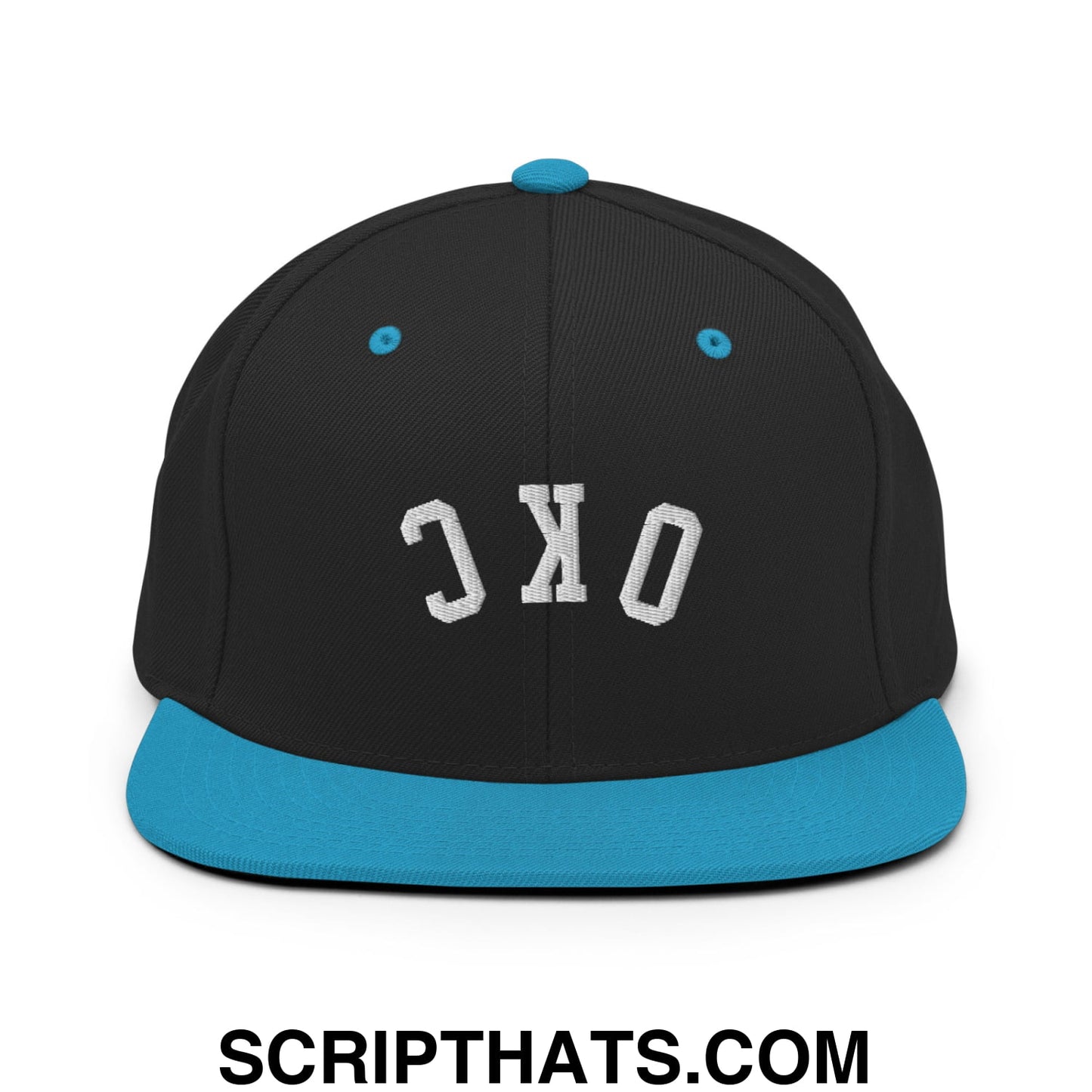 Upside Down OKC Oklahoma City Embroidered Flat Bill Brim Snapback Hat Black Teal