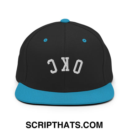 Upside Down OKC Oklahoma City Embroidered Flat Bill Brim Snapback Hat Black Teal