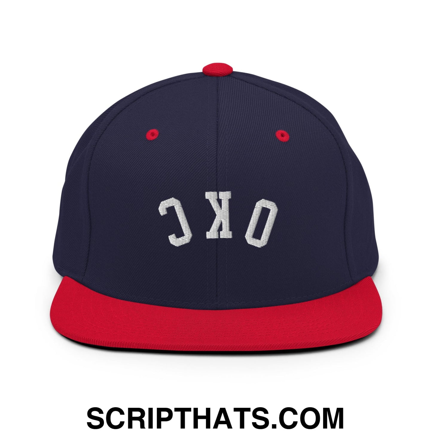 Upside Down OKC Oklahoma City Embroidered Flat Bill Brim Snapback Hat Navy Red