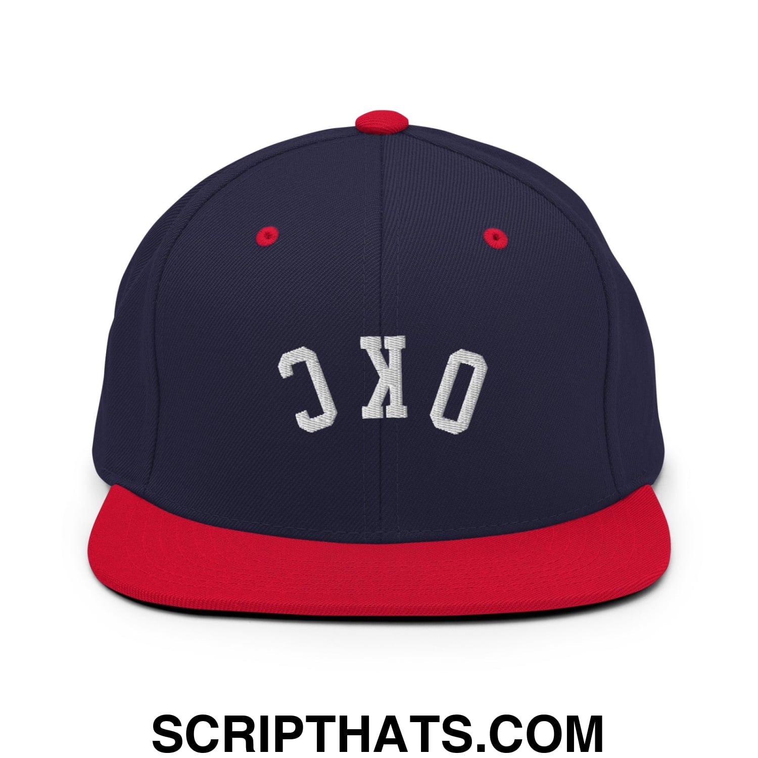 Upside Down OKC Oklahoma City Embroidered Flat Bill Brim Snapback Hat Navy Red