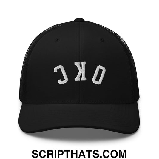 Upside Down OKC Oklahoma City Embroidered Mesh Trucker Hat Black