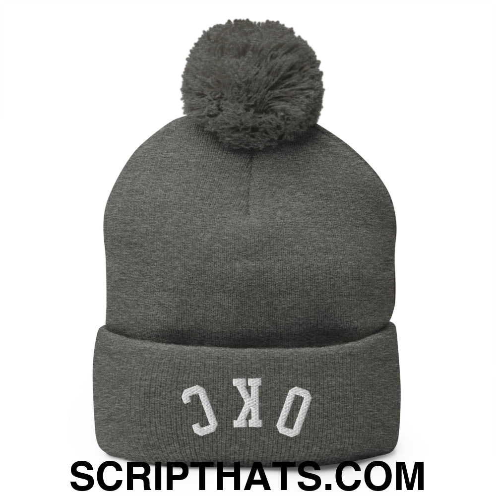 Upside Down OKC Oklahoma City Embroidered Pom Pom Knit Beanie Dark Heather Grey