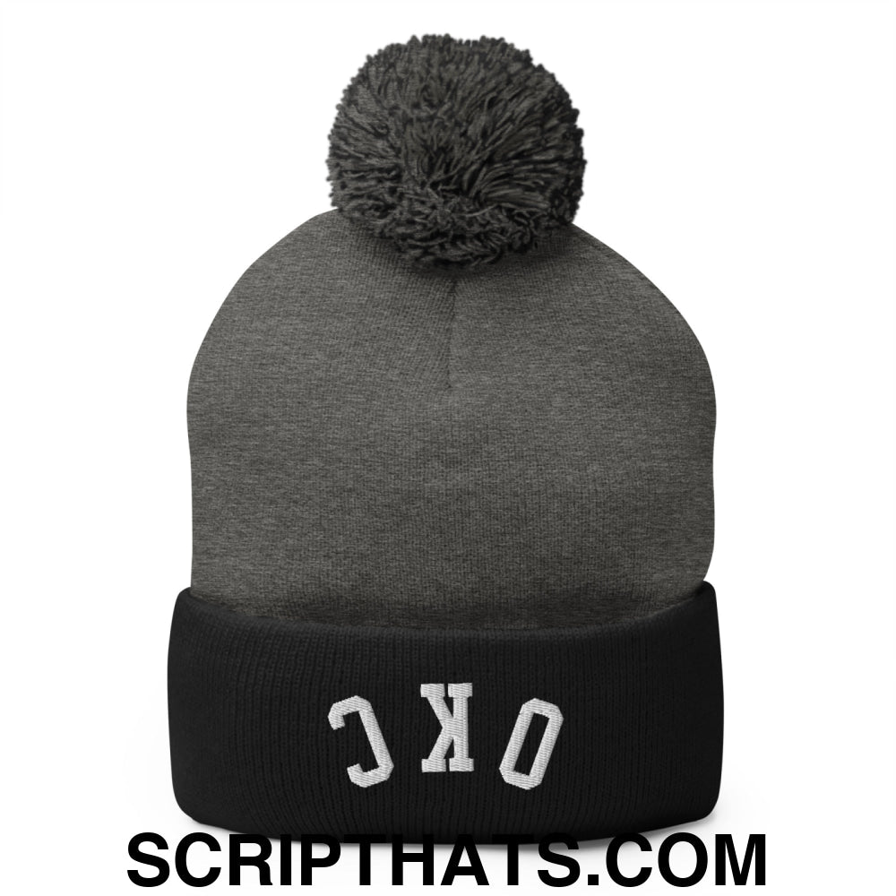 Upside Down OKC Oklahoma City Embroidered Pom Pom Knit Beanie Dark Heather Grey Black