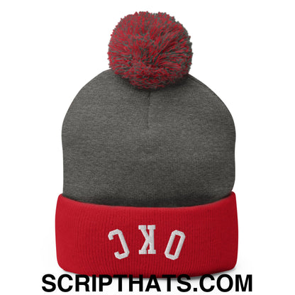 Upside Down OKC Oklahoma City Embroidered Pom Pom Knit Beanie Dark Heather Grey Red
