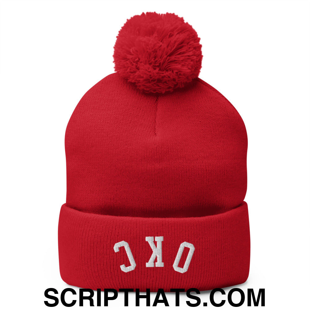 Upside Down OKC Oklahoma City Embroidered Pom Pom Knit Beanie Red