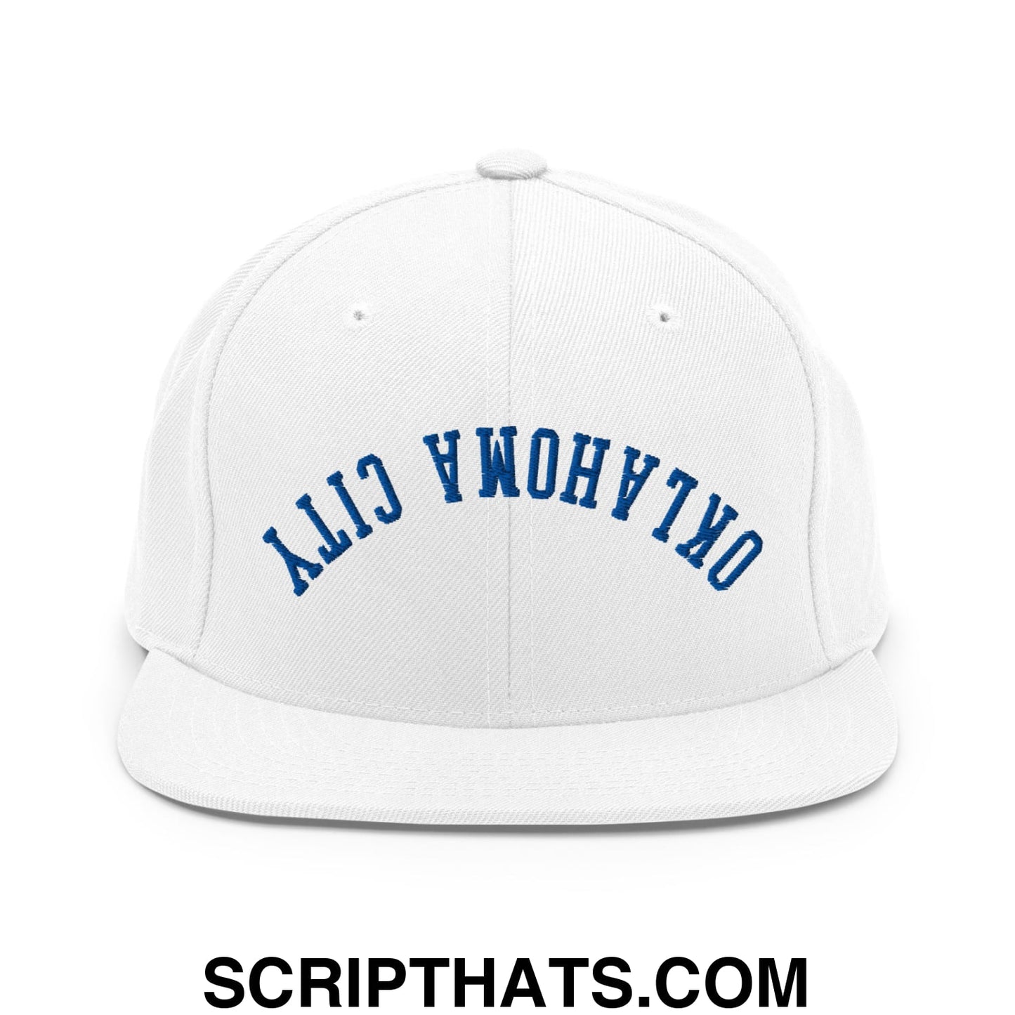 Upside Down Oklahoma City Basketball Embroidered Flat Bill Brim Snapback Hat White