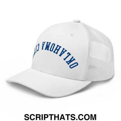 Upside Down Oklahoma City Basketball Embroidered Mesh Trucker Hat White