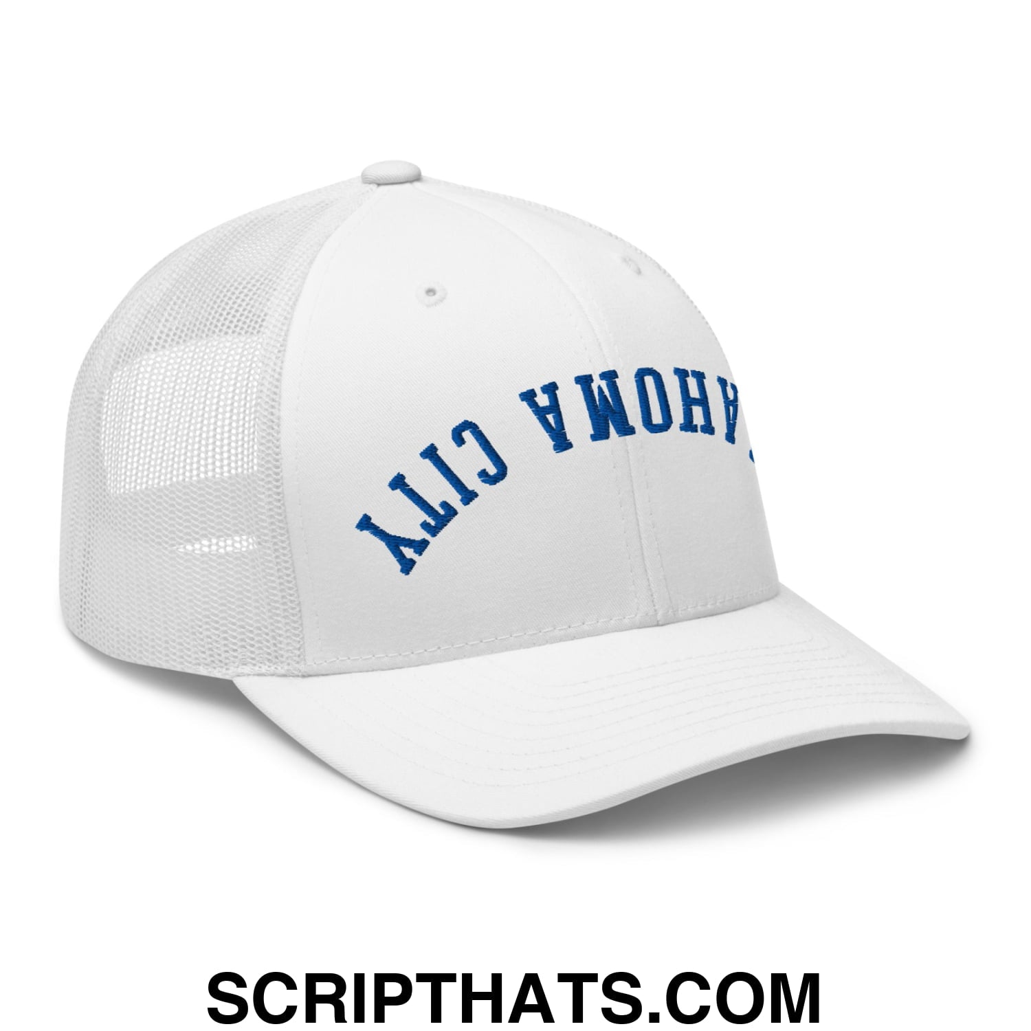 Upside Down Oklahoma City Basketball Embroidered Mesh Trucker Hat White