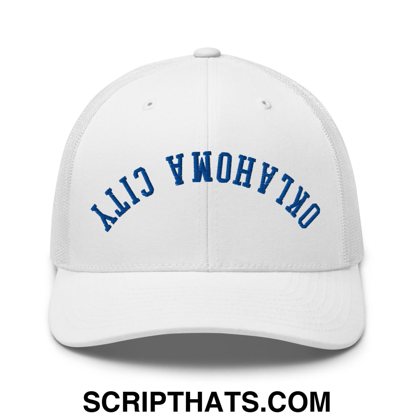 Upside Down Oklahoma City Basketball Embroidered Mesh Trucker Hat White