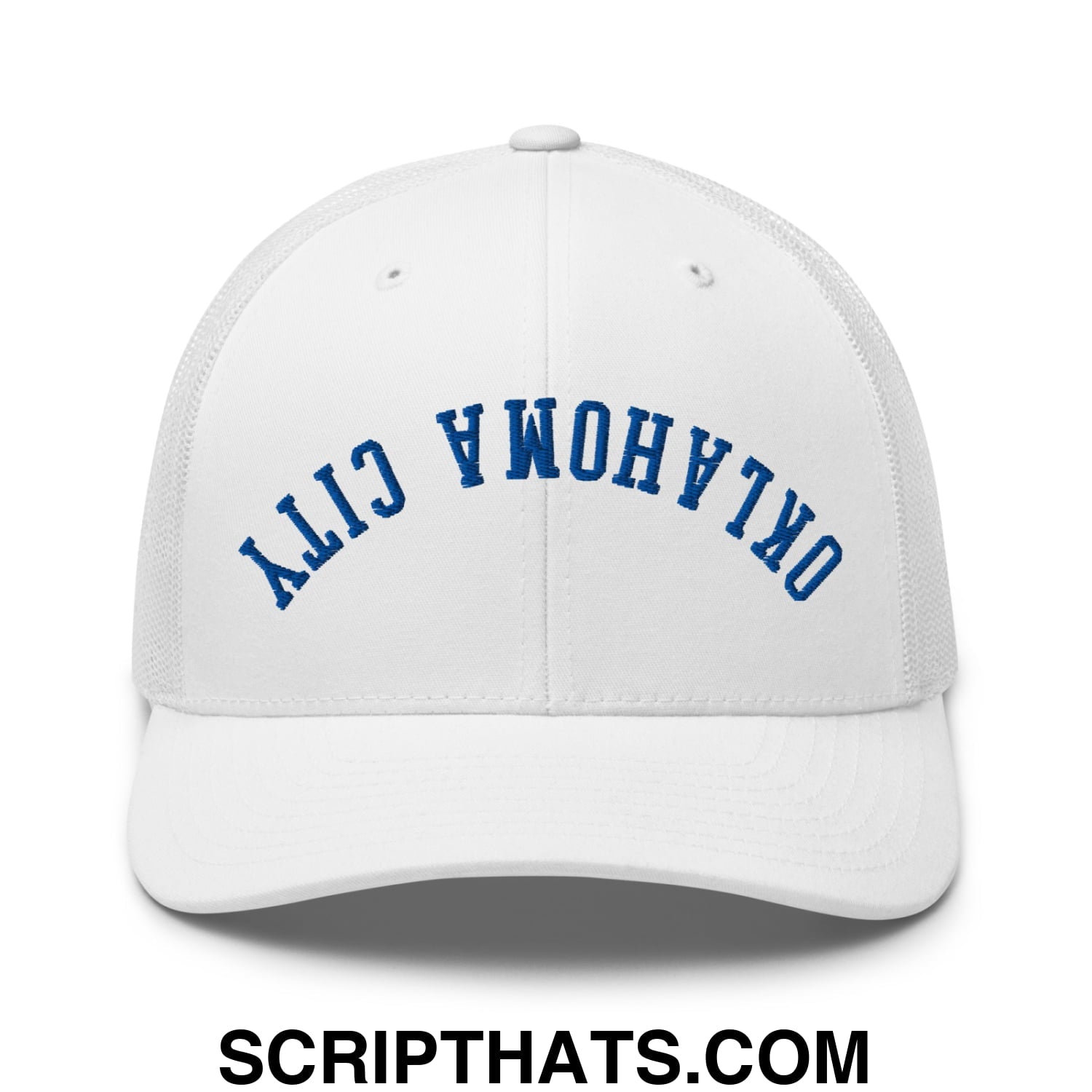 Upside Down Oklahoma City Basketball Embroidered Mesh Trucker Hat White