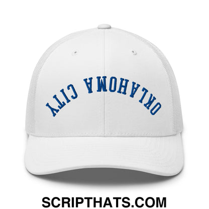 Upside Down Oklahoma City Basketball Embroidered Mesh Trucker Hat White