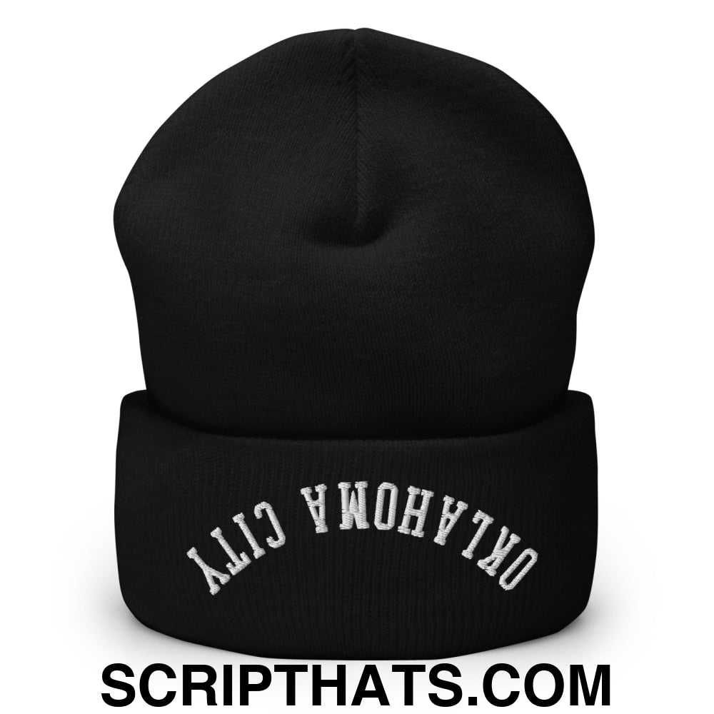 Upside Down Oklahoma City Embroidered Cuffed Knit Beanie Black