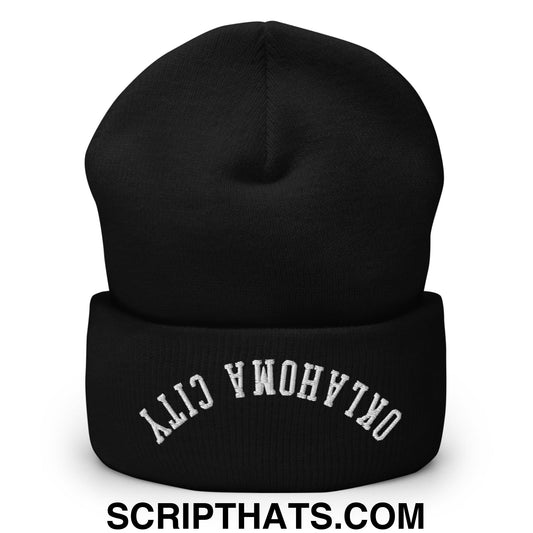 Upside Down Oklahoma City Embroidered Cuffed Knit Beanie Black