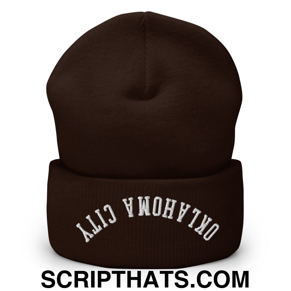 Upside Down Oklahoma City Embroidered Cuffed Knit Beanie Brown
