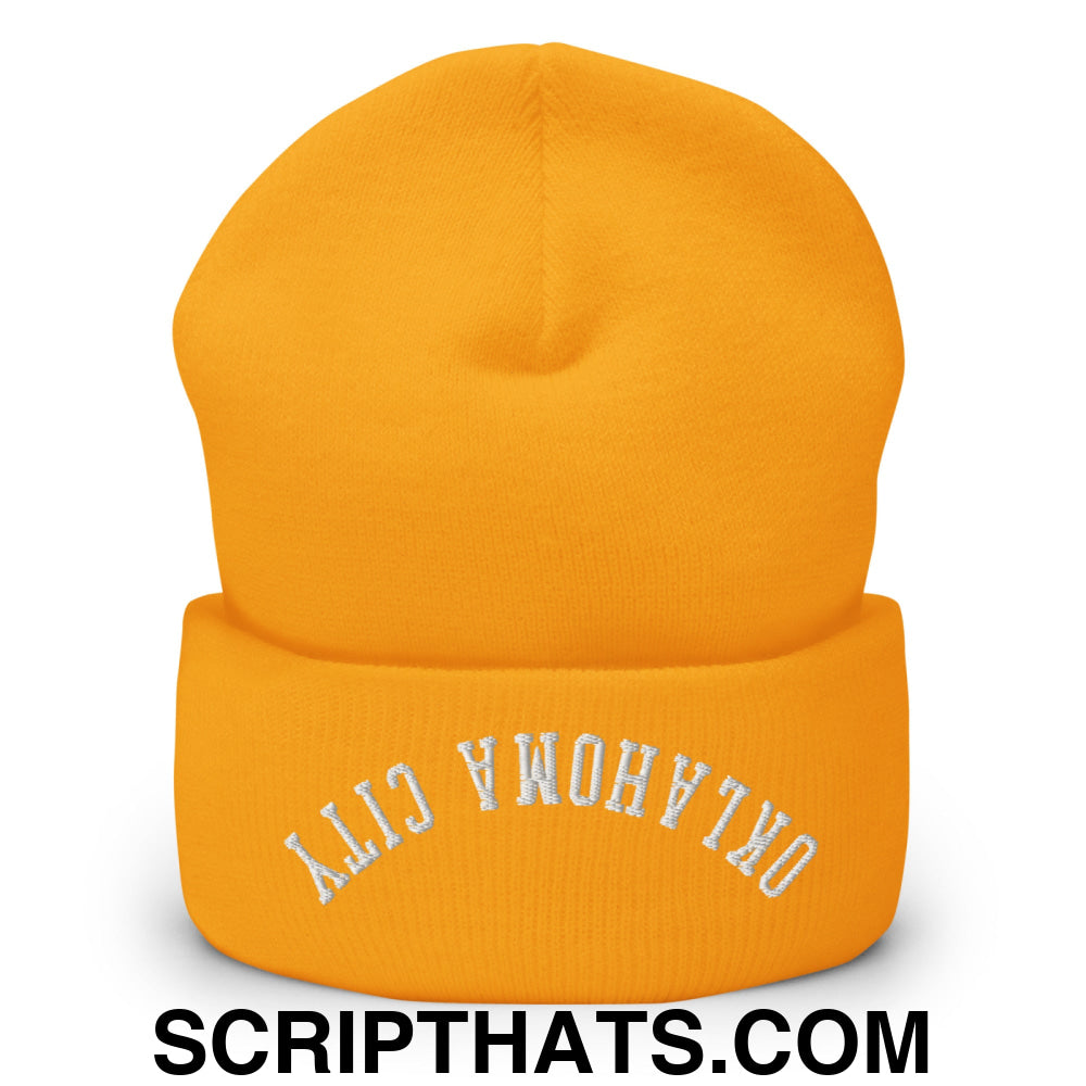 Upside Down Oklahoma City Embroidered Cuffed Knit Beanie Gold