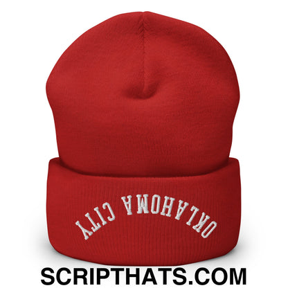Upside Down Oklahoma City Embroidered Cuffed Knit Beanie Red
