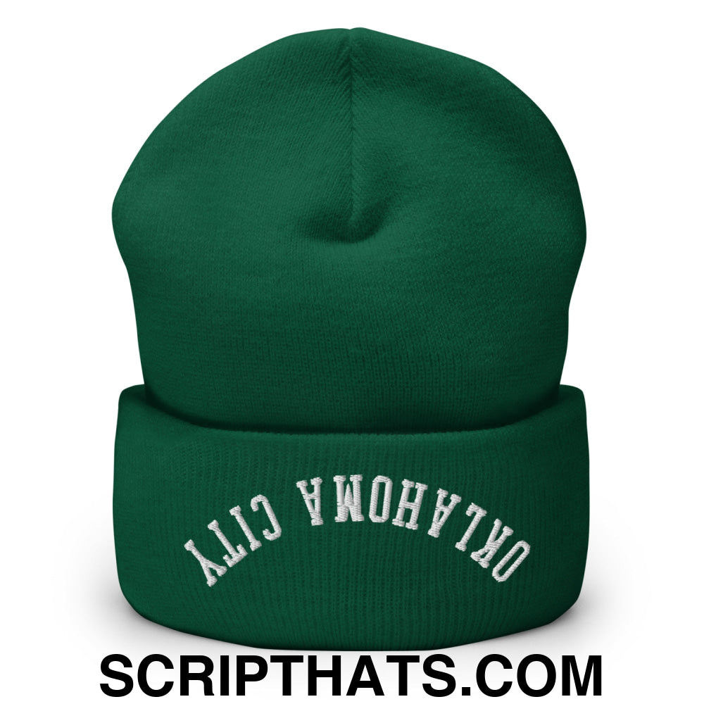 Upside Down Oklahoma City Embroidered Cuffed Knit Beanie Spruce