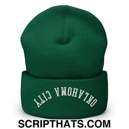 Upside Down Oklahoma City Embroidered Cuffed Knit Beanie Spruce