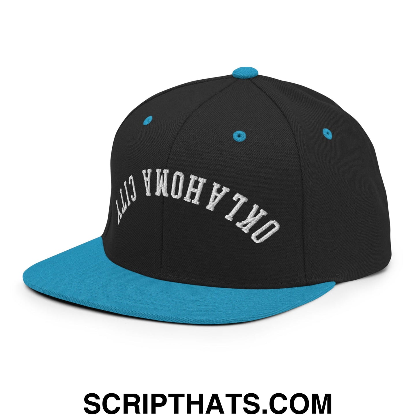 Upside Down Oklahoma City Embroidered Flat Bill Brim Snapback Hat Black Teal