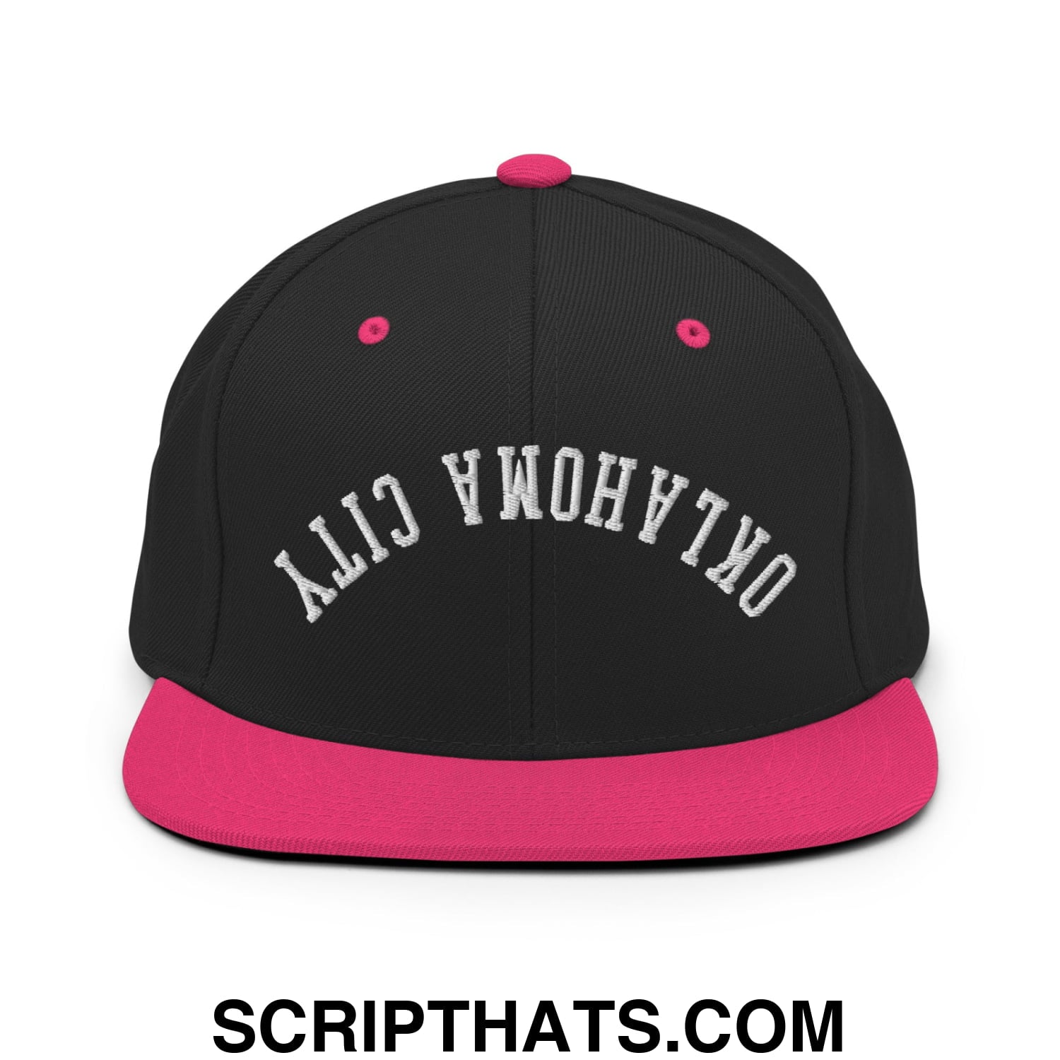 Upside Down Oklahoma City Embroidered Flat Bill Brim Snapback Hat Black Neon Pink