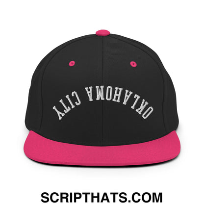 Upside Down Oklahoma City Embroidered Flat Bill Brim Snapback Hat Black Neon Pink