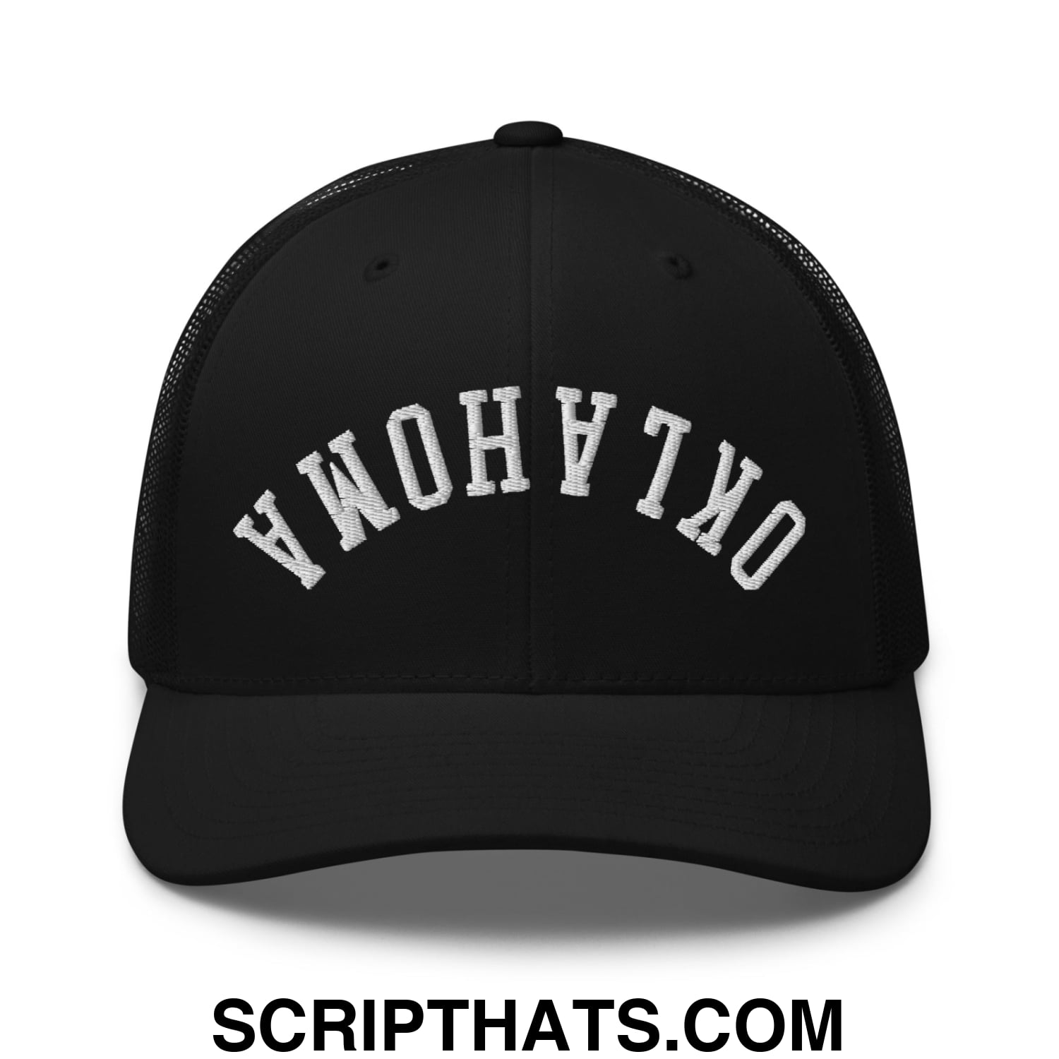 Upside Down Oklahoma Embroidered Mesh Trucker Hat Black