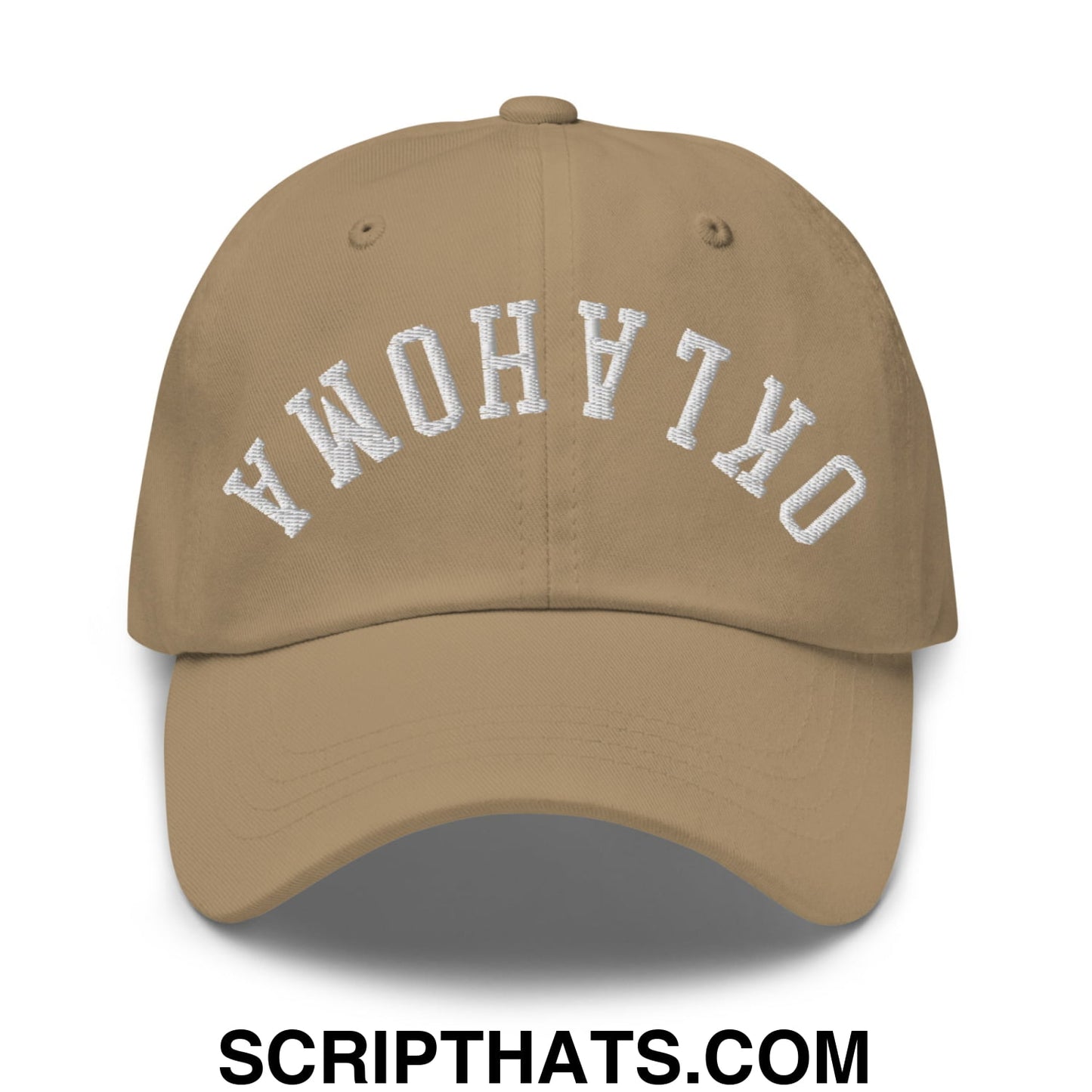Upside Down Oklahoma Embroidered Unstructured Dad Hat Khaki