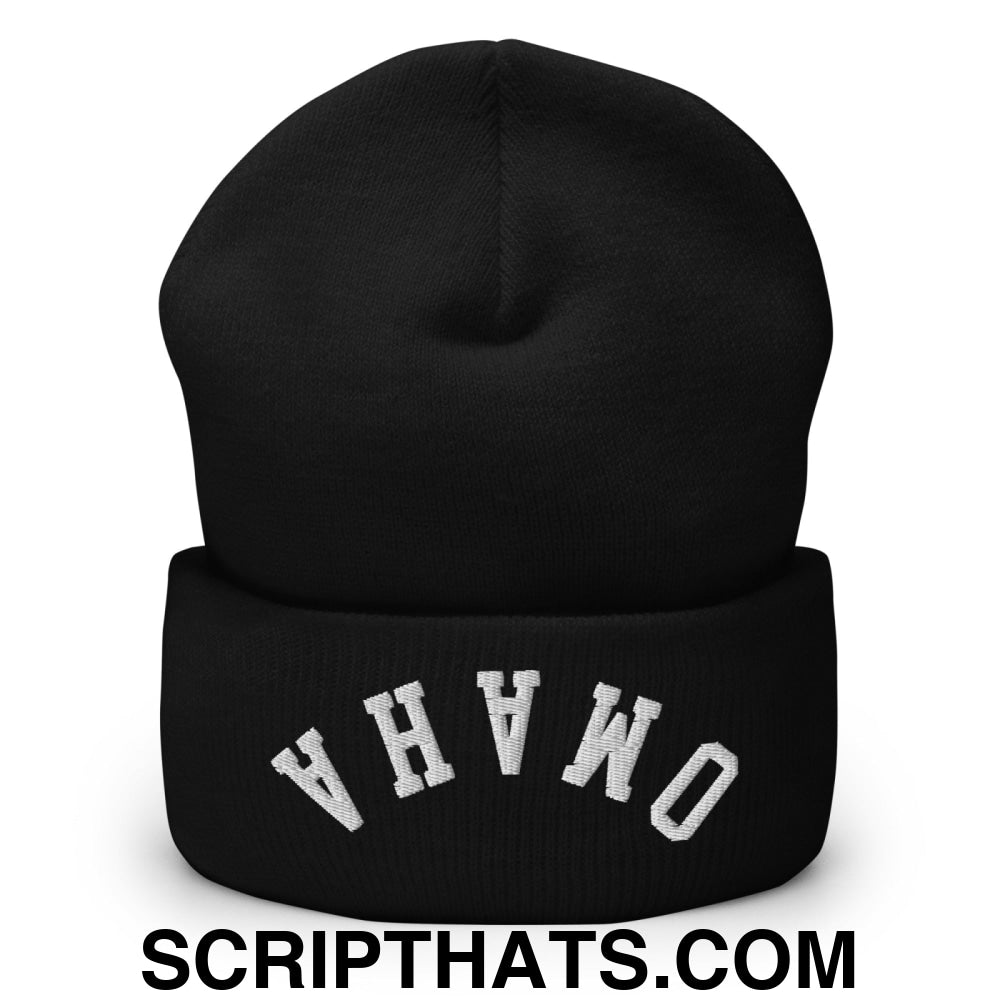 Upside Down Omaha Embroidered Cuffed Knit Beanie Black