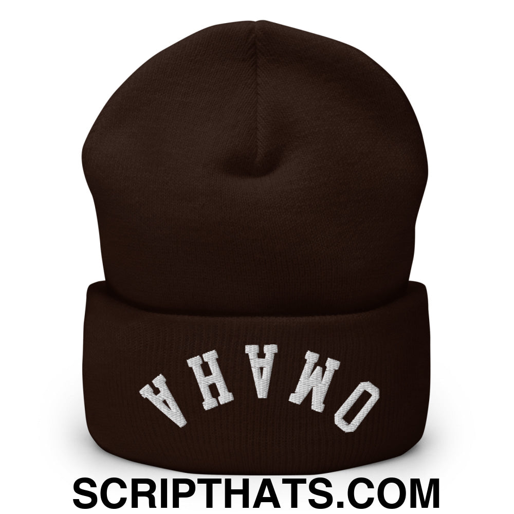 Upside Down Omaha Embroidered Cuffed Knit Beanie Brown